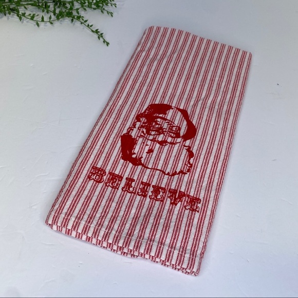 Santa BELIEVE Red & White Striped Tea Towel Cotton 25" x 17" Christmas Holiday - Picture 1 of 4